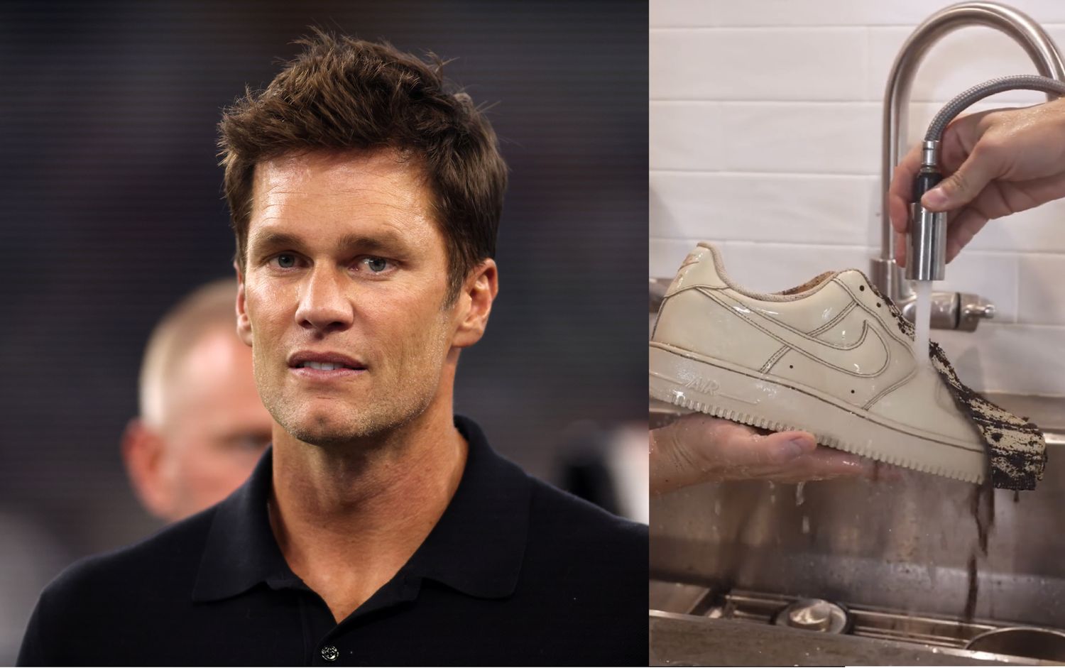 Tom Brady holding a white Nike sneaker over a sink.